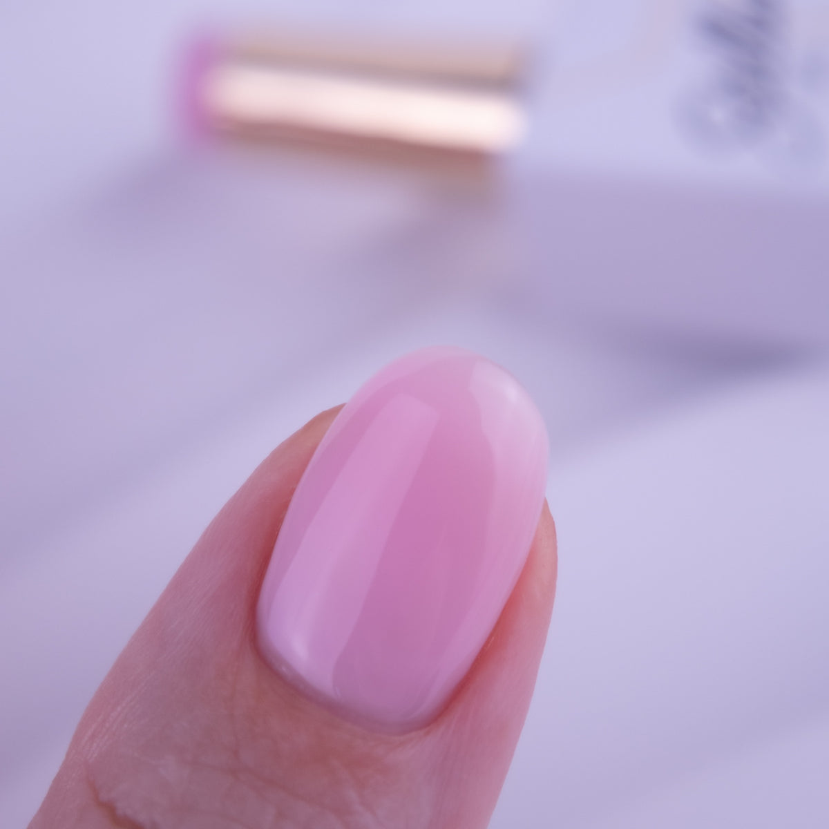 Pout sheer pink gel polish swatch on nails, semi-sheer buildable colour match to Structure Gel 2.0 Gettin' Lippy